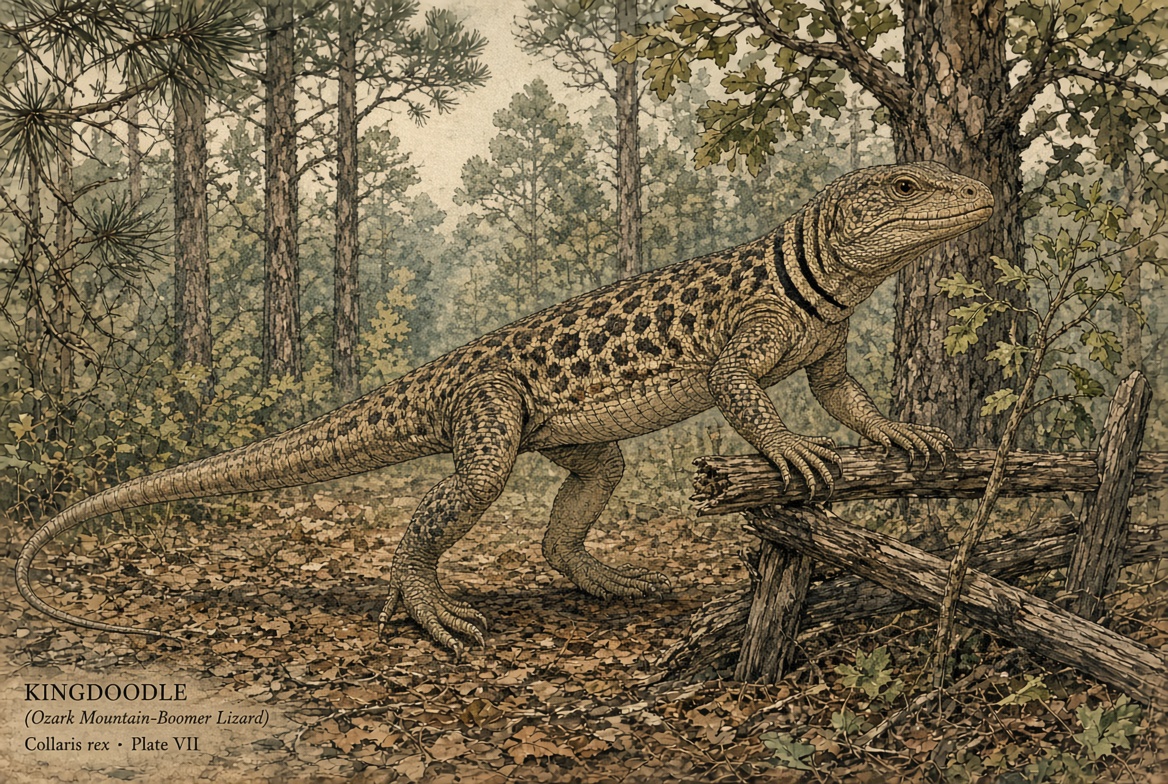 A Kingdoodle, an oversized spotted mountain-boomer lizard with a dark collar, one foot on a split-rail fence