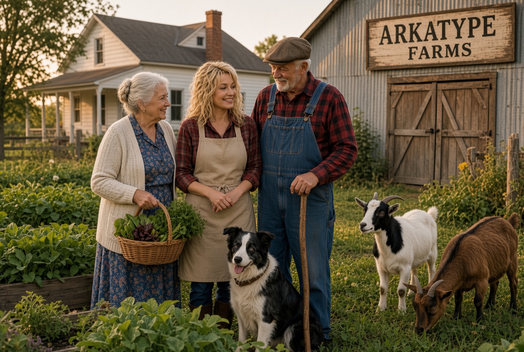 Madge, Dolly, Ira, and Charlotte in the yard by the farmhouse and the Arkatype Farms barn