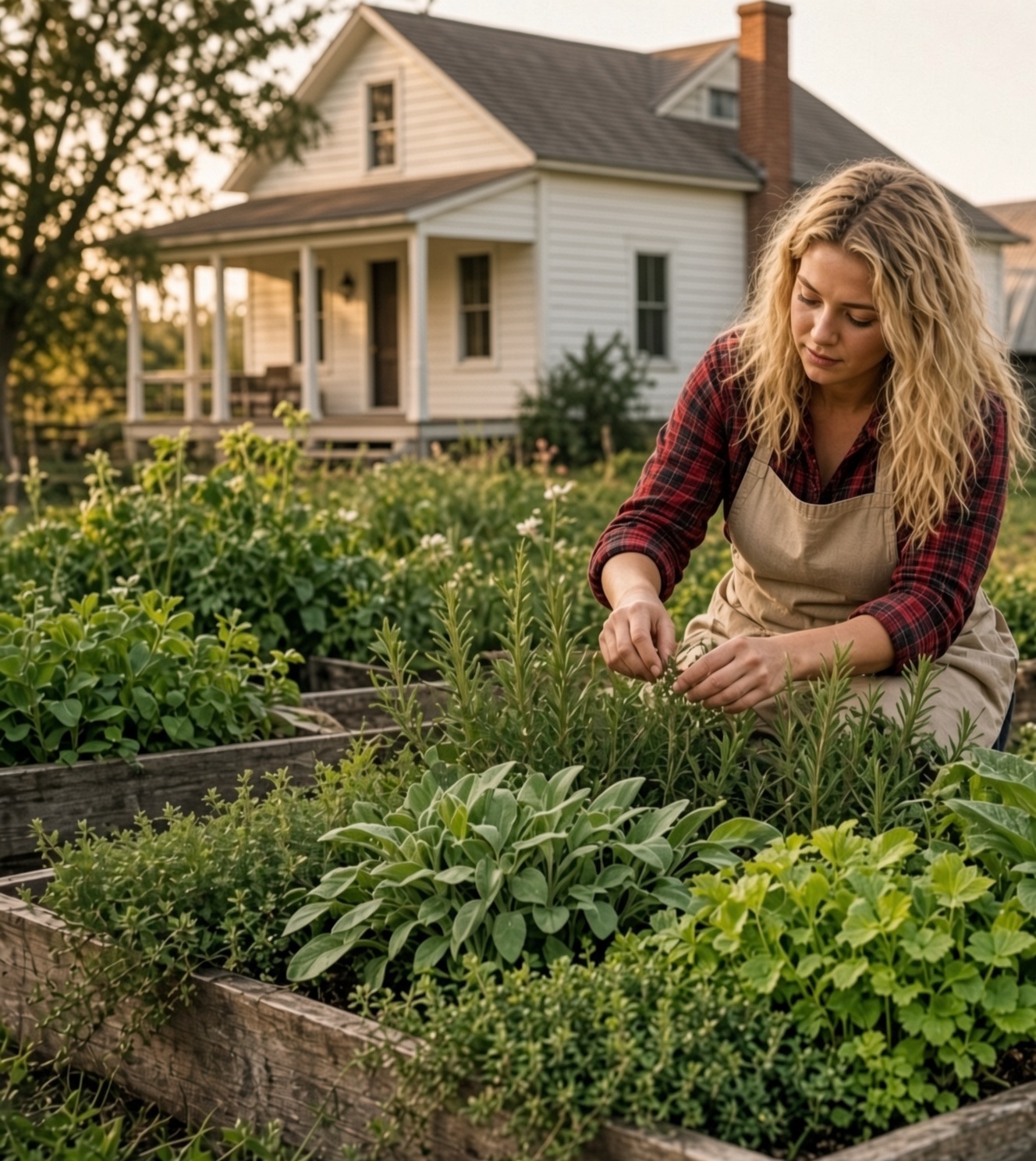 Dolly tending the raised herb beds with the old white farmhouse behind