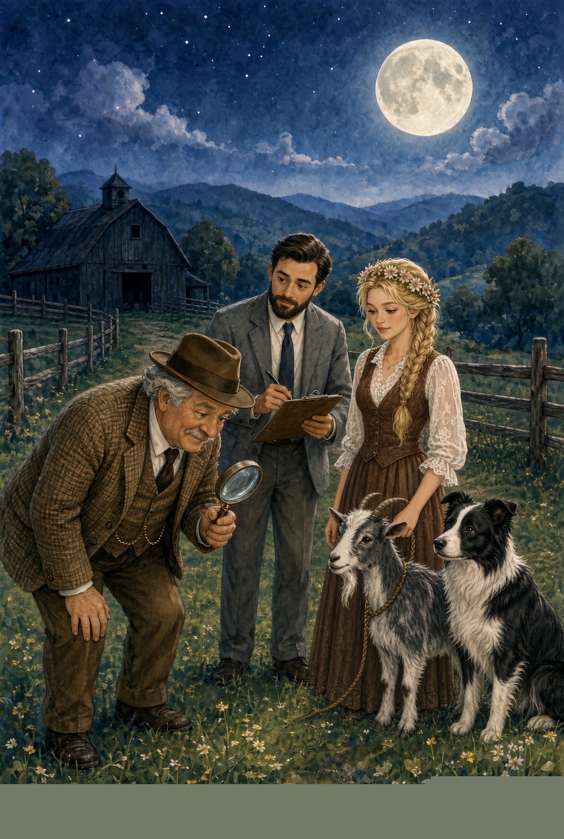 Moonlit search at Arkatype Farms: Mr. Jake stoops with the glass, Mr. Elwood stands with the clipboard and beard, Dolly in the Maiden vest and flower crown holds Bramble, Charlotte sits in the wildflowers under a full moon