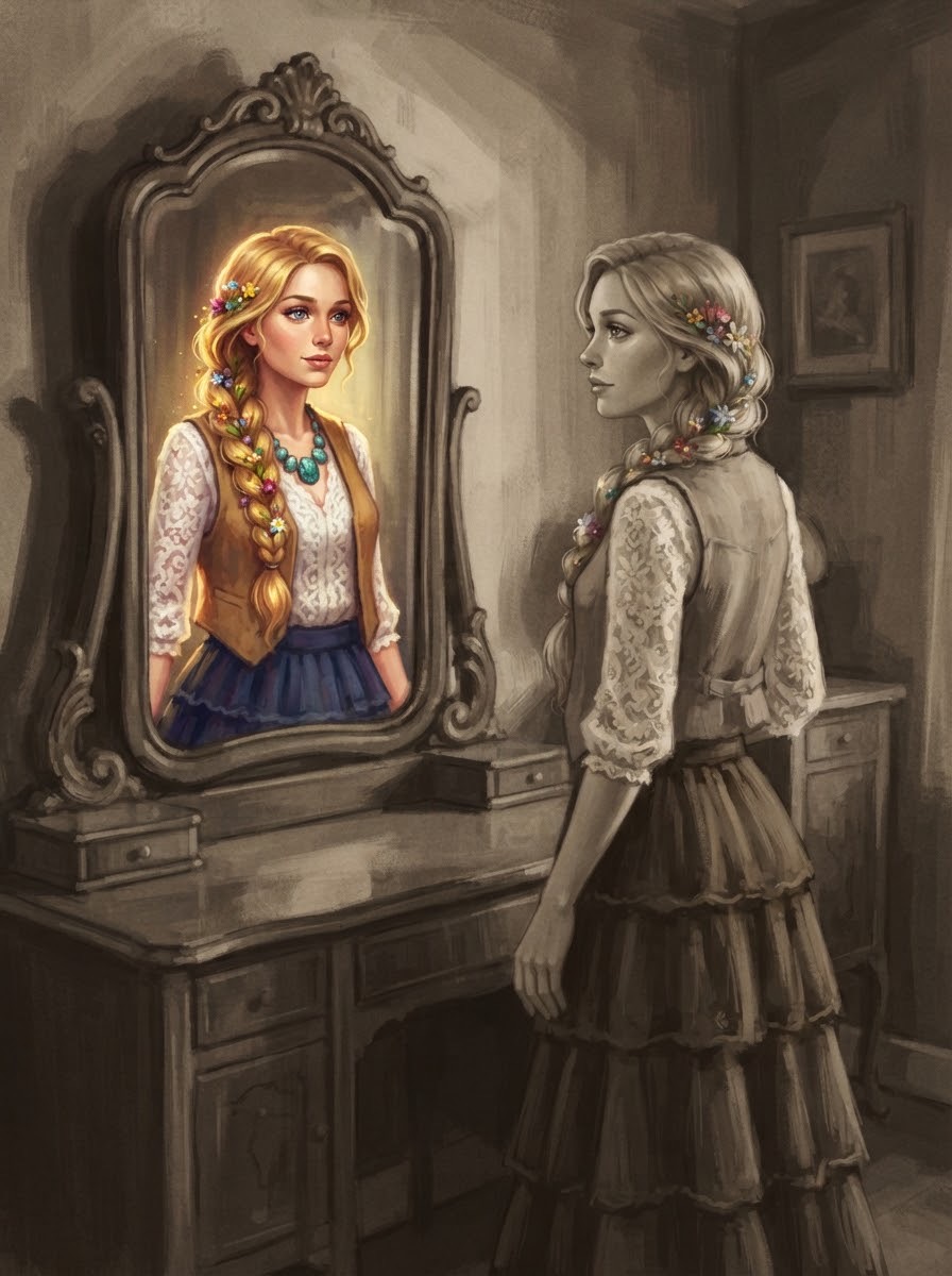Dolly in grey 1931 looks into a dressing-room mirror and sees herself in color as the Goat Maiden