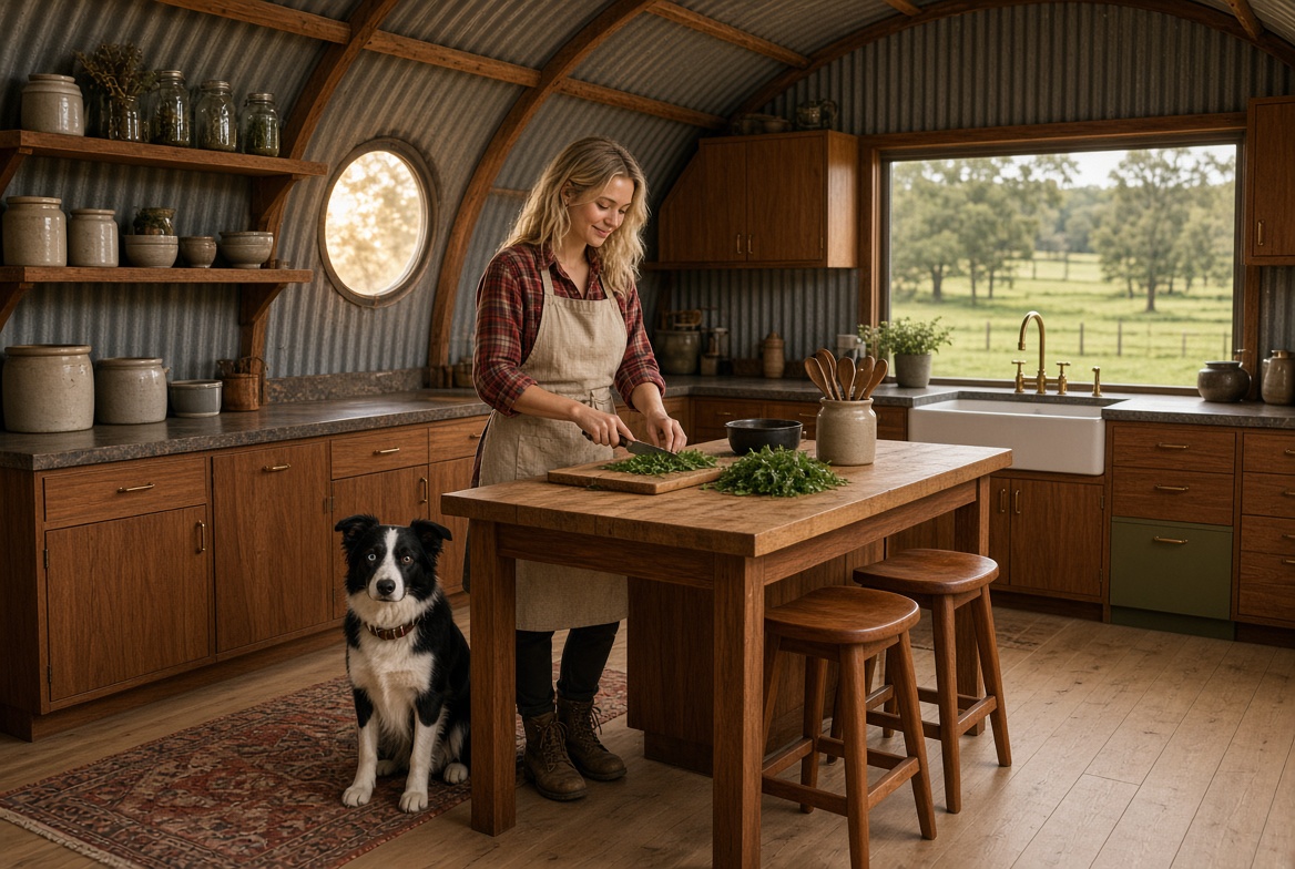 Dolly chopping herbs in the Quonset kitchen, Charlotte at the island